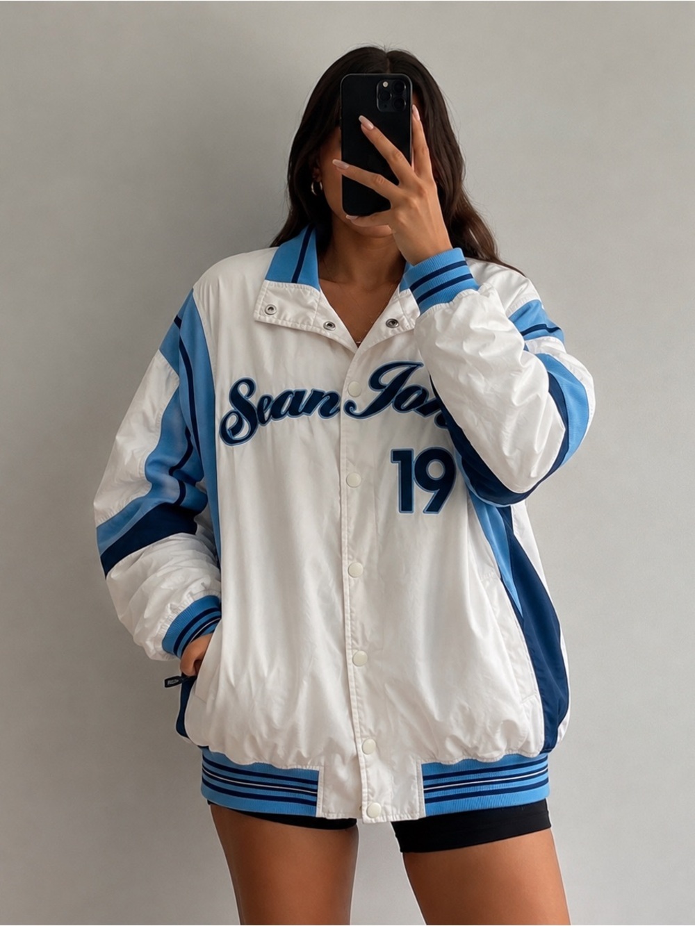 Vintage Sean John White Blue Varsity Racing Jacket Y2K Embroidered